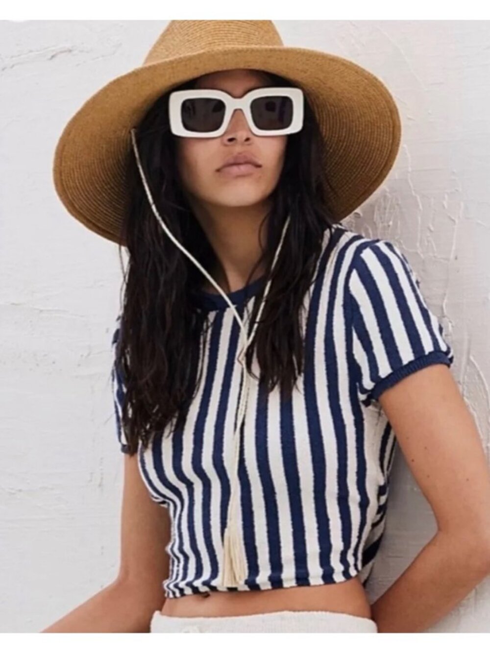 FREE PEOPLE BEACH Blue + Cream Striped Roberta Crewneck Crop Sweater Size Large